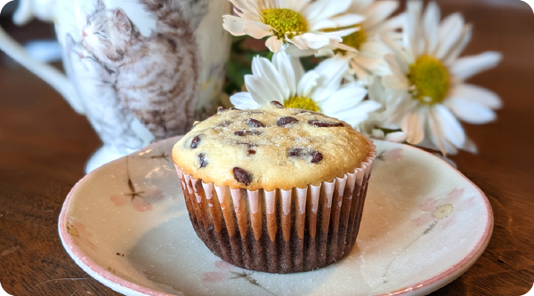 Black bottom cupcake with chocolate cake and a cream cheese chocolate chip topping, served on a plate surrounded by white daises and a teacup with a kitten design.