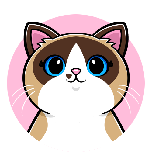 Illustration of Lucy the cat, Yammy Yummy’s illustrator, with bright blue eyes against a pink background