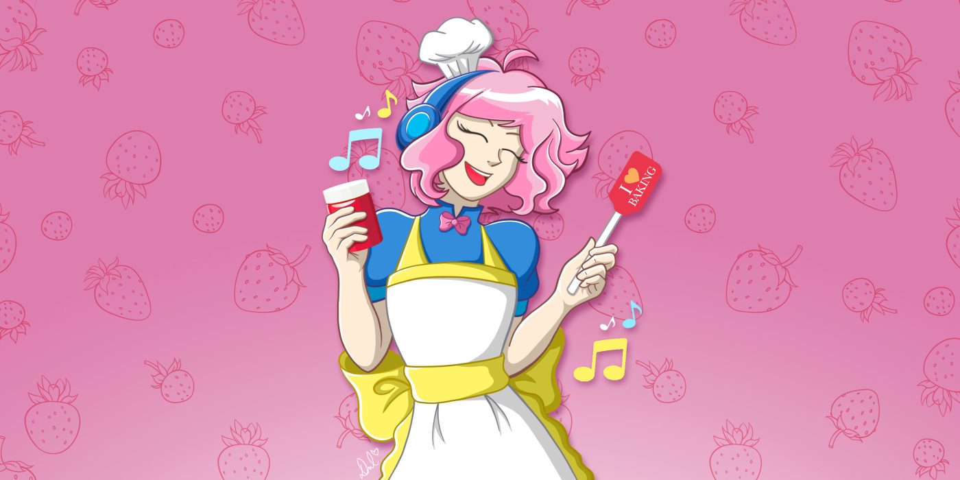 Illustration of Yammy Yummy listening to music while holding a jar of jam and an “I Love Baking” spatula against a strawberry-patterned background: Yammy Yummy jam recipes